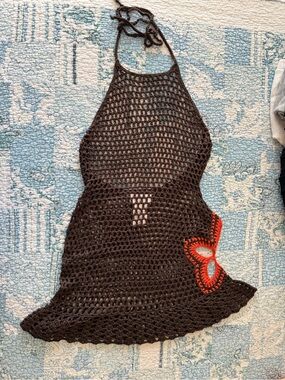 Peppermayo Brown Crochet Halter Swim Coverup with Orange Accent